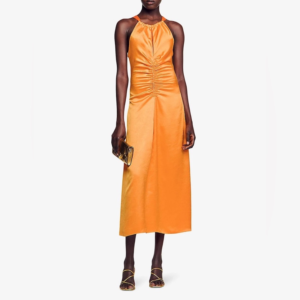 Sandro Orange Ruched Halter Gown